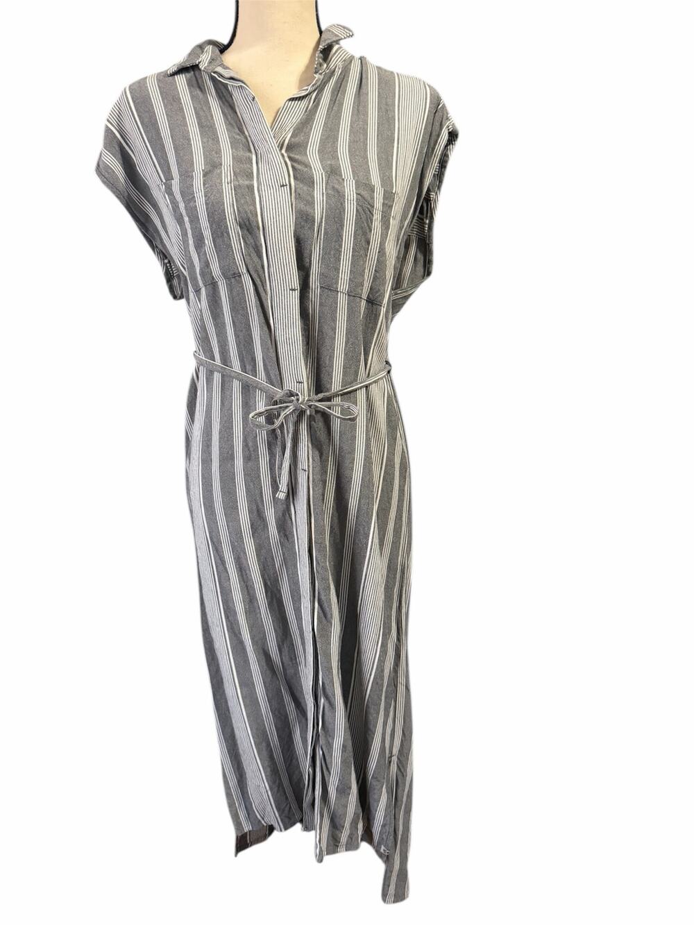 KAVU Women's Gray White Stripe Sleeveless Belted Shirt Midi Dress Sz S Outdoors